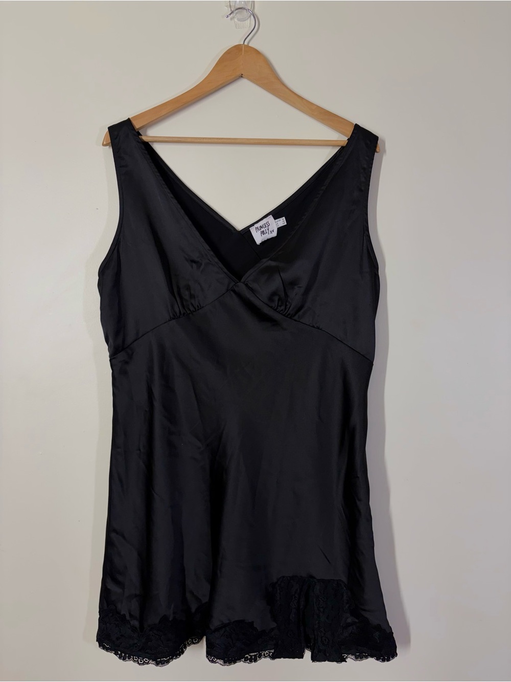 Princess Polly Black Satin Lace Trim Slip Mini Dress Y2K
